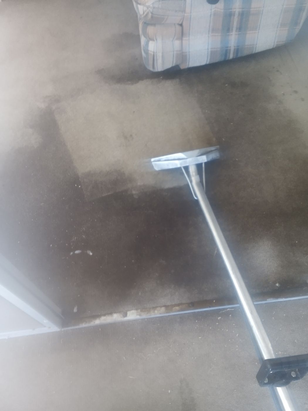 A cleaning wand pulling a clean path through dark carpet