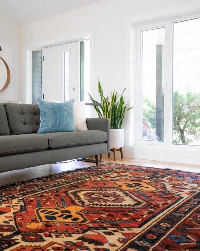 A patterned area rug in a living room