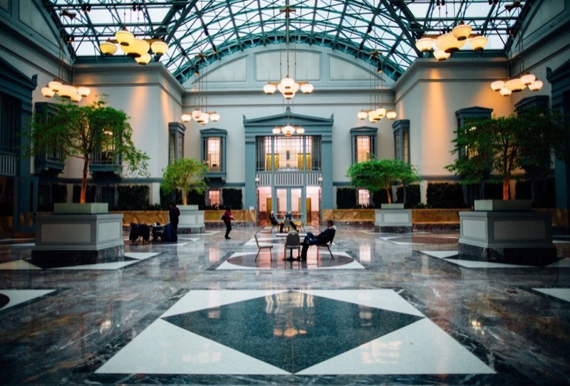 A polished marble floor in a large lobby